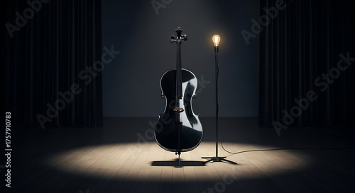 A cello illuminated by a spotlight standing next to a lamp on a stage with dark curtains behind