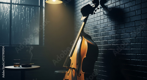 A dimly lit room with a bass leaning against a brick wall and a drink on a table by a window