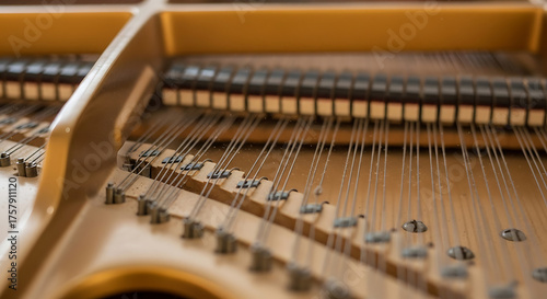 A close up view inside a piano showing the strings hammers and the piano frame in soft light