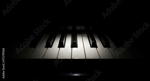Close up of piano keys in dim lighting creating a dramatic and musical atmosphere on the instrument