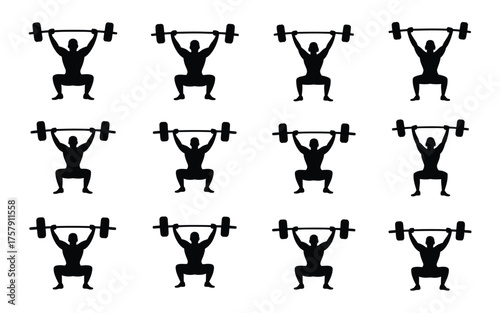 Vector art of silhouettes of weightlifters squatting