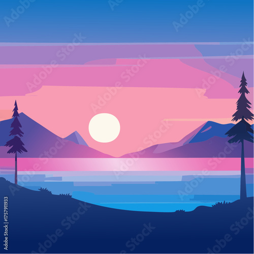 A minimalist illustration of a tranquil landscape featuring mountains, water, trees, and a setting sun under a pink and blue sky.