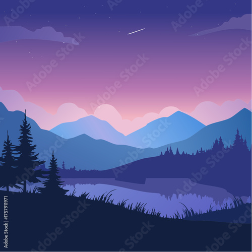 A minimalist illustration of a tranquil evening landscape, featuring mountains, a lake, and trees under a starry sky.