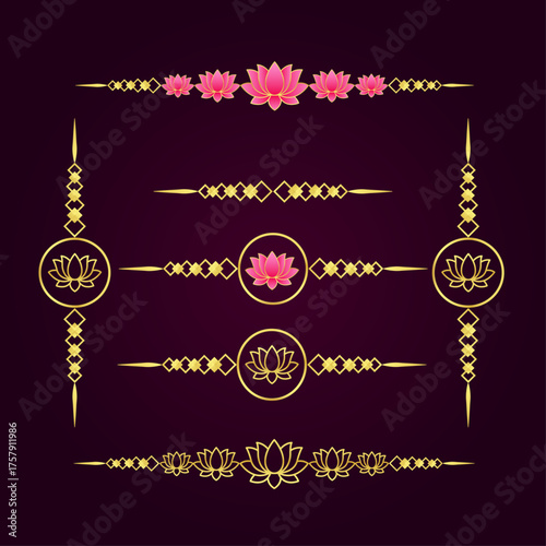 Golden Ornamental Lotus Flower Separators or divider line ideal for wedding invitations, borders, frames, or Indian festival design