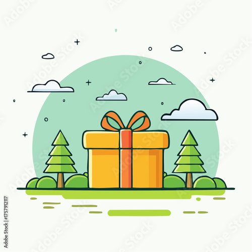 A stylized illustration featuring a wrapped gift box, trees, and clouds in a lighthearted, outdoor setting.