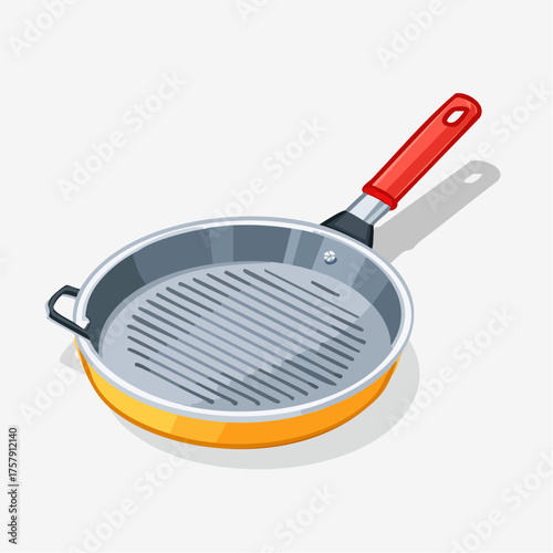 A cartoon illustration of a grill pan with a red handle, yellow bottom, and gray interior.
