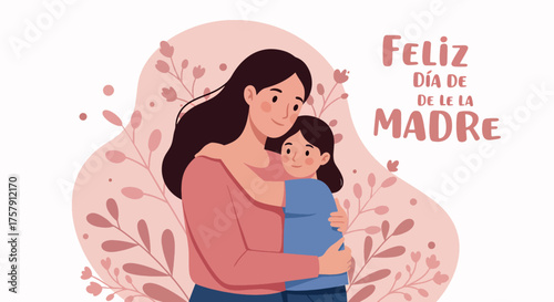 Mother and Daughter Hugging in Pink Floral Background for Mother's Day Greeting