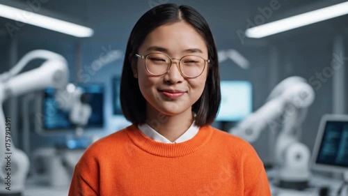 A smiling young woman wearing glasses and an orange sweater in a tech lab with robotic arms