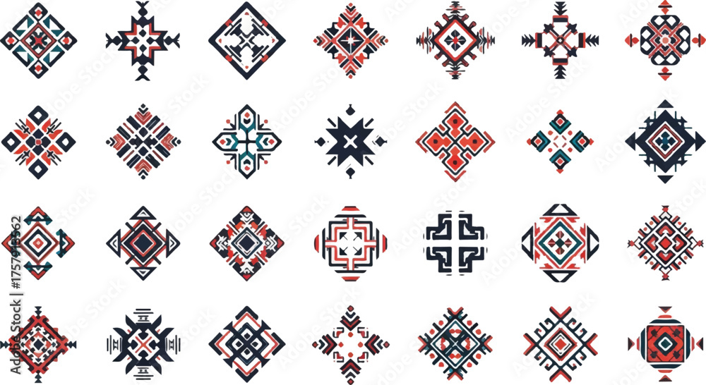 Fototapeta premium Geometric tribal emblems with red blue and black pattern