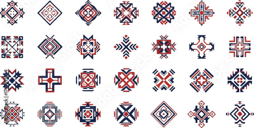 Geometric tribal emblems red blue white symbols patterns