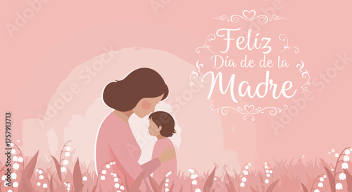 Mother and Child Hugging in Soft Pink Nature Scene Celebrating Mother's Day