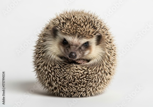 A small hedgehog curled up isolated on white background