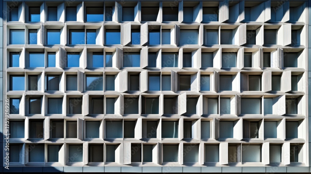 Fototapeta premium Abstract geometric facade of a contemporary art museum, interplay of light and shadow, polished metallic surfaces, eye-level perspective