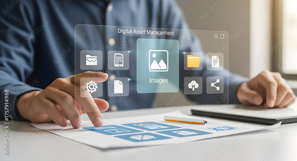 Fototapeta premium Manage digital assets easily with modern software interface on glass display