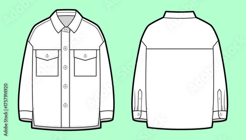 Unisex Oversized Jacket Shacket Front & Back Technical Flat Sketch