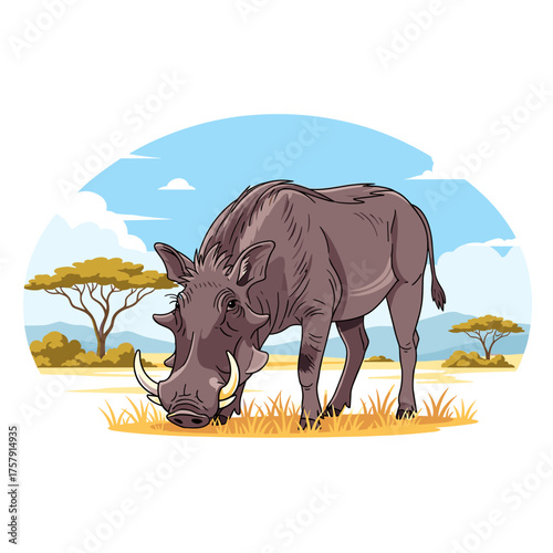 Cartoon Warthog grazing on African savanna