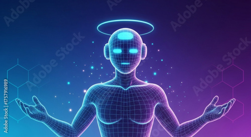 Abstract digital angel with glowing halo and wireframe body on blue and purple background, representing spirituality and technology integration