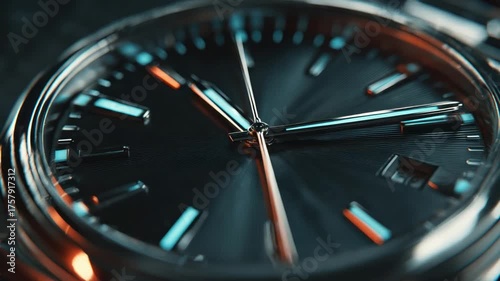 A detailed macro shot of a classic watch face, with elegant hands and metallic accents