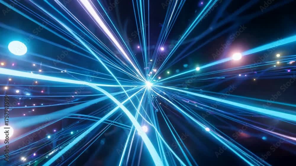 Abstract visualization of glowing blue light trails and bokeh effects emanating from a central point against a dark background.