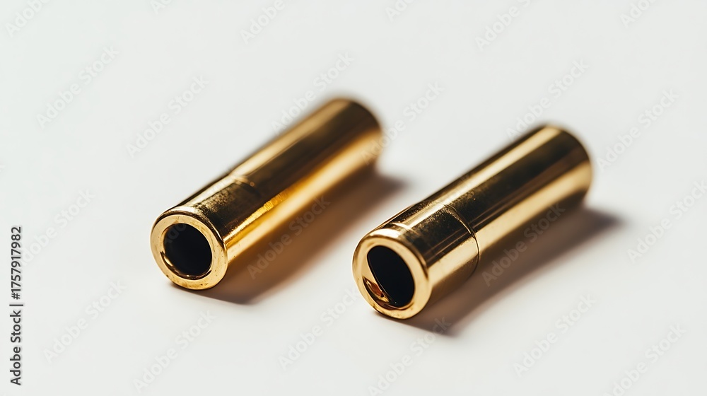 Fototapeta premium Two Shiny Gold Metal Tubes Detailed Close Up on White Background, Golden Material
