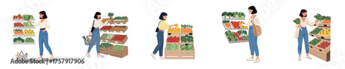 Woman Choosing Fresh Vegetables at Supermarket – Flat Vector Illustration, Healthy and Eco Lifestyle