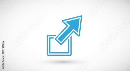 Blue arrow pointing out of a square on a, symbolizing exit, external link, or expansion, clean and simple design