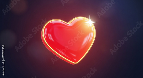 A 3d rendering of a red heart with a golden outline and a sparkling light, representing love, romance, valentines day, or a symbol of affection