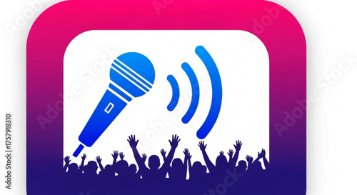Illustration of a microphone icon with sound waves and a crowd of people raising their hands, perfect for karaoke night or open mic events