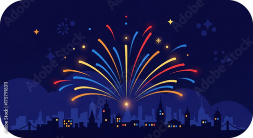 Colorful fireworks display over a city skyline at night, perfect for new years eve, independence day, or any festive celebration with a beautiful landscape