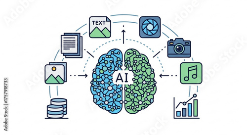 Ai brain processing data with text, images, and files for machine learning, neural networks, and artificial intelligence development