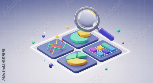 Data analysis with magnifying glass on pie charts and line graph, business intelligence and data visualization for decision making and strategy