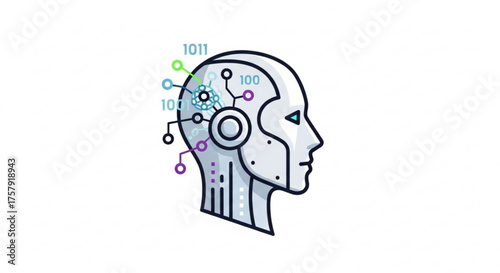 Artificial intelligence concept with a robot head and digital connections