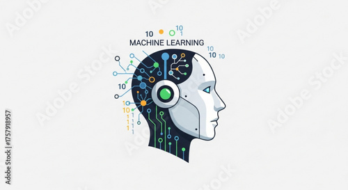 Machine learning concept with a robot head and digital connections