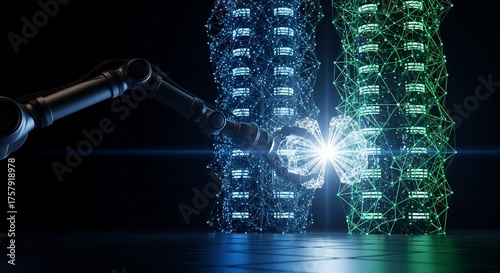 Robot Arm Connecting to Futuristic Server Towers with Glowing Network Hub