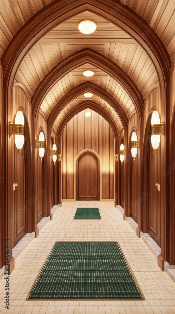Fototapeta premium Ornate Wooden Arched Hallway with Green Rugs and Warm Lighting Interior Architecture