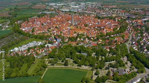 Aerial panoramic view of the old town city Nördlingen in Bavaria in Germany on a sunny spring day