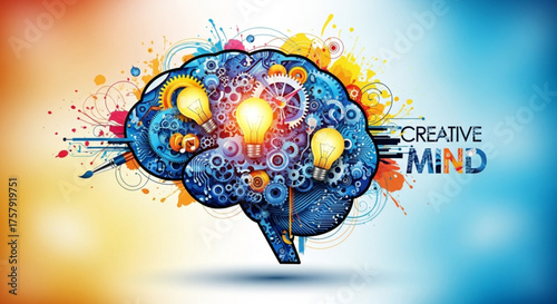 Creative mind illustration showcasing a brain filled with gears, light bulbs, and abstract elements, symbolizing innovation, ideas, and intellectual power