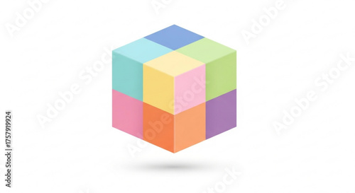 A colorful cube made of smaller cubes, the colors are pastel and include blue, green, yellow, pink, orange, and purple