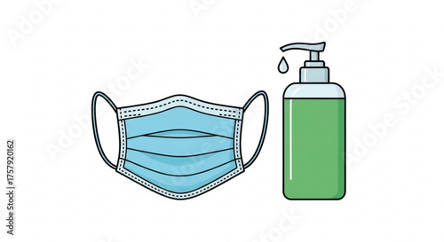 Illustration of a surgical mask and hand sanitizer, representing hygiene and protection against viruses and germs