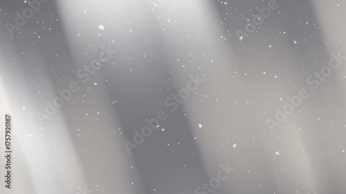 Soft gray abstract background with diagonal light streaks and gentle falling snowflakes, creating a serene winter atmosphere and minimalist seasonal texture for festive designs.