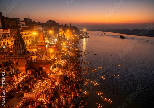 Sacred Varanasi ghats illuminated at sunset with ancient temples along Ganges river showing spiritual atmosphere and religious pilgrimage site