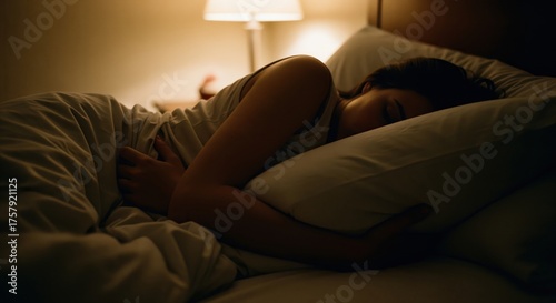 Peaceful woman sleeping deeply in her bed at night, with a soft glow from a lamp.