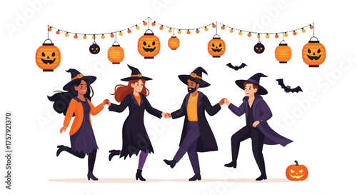 Diverse friends in witch and wizard costumes dancing under festive pumpkin lanterns and flying bats, celebrating a joyful and magical Halloween party night