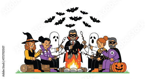 Halloween Gathering Characters around a bonfire roasting marshmallows with bats in the night