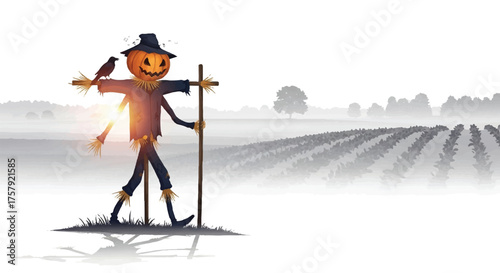 Autumnal Charm A Whimsical Scarecrow Amidst a Foggy Field Landscape