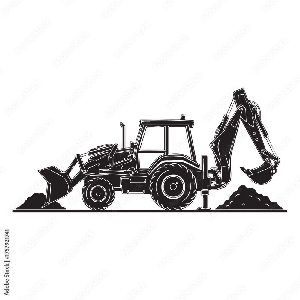 Naklejka premium A crisp black silhouette illustration of a heavy-duty backhoe loader, efficiently performing earthmoving and excavation tasks with its dual-purpose buckets.