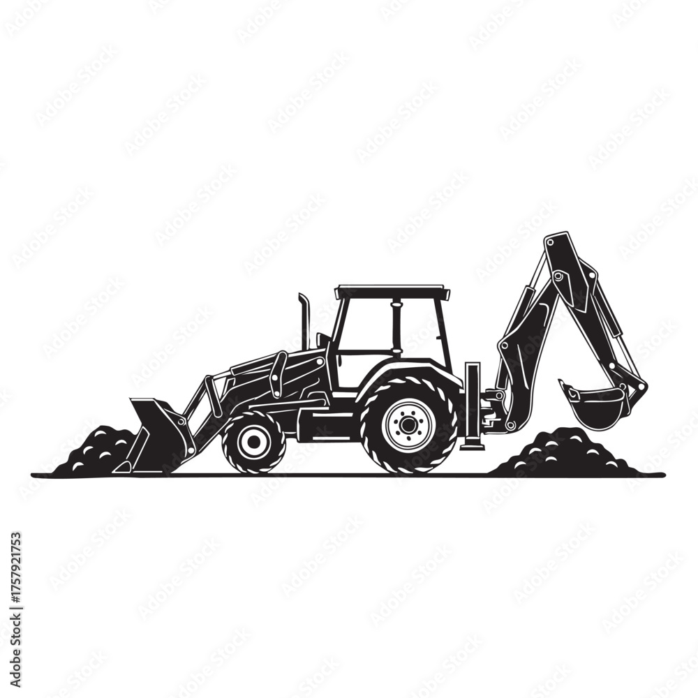Naklejka premium A detailed monochrome vector illustration features a powerful backhoe loader actively engaged in earthmoving, showcasing its robust design for construction and excavation.