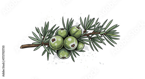 Botanical illustration of a juniper branch with green berries and needles.