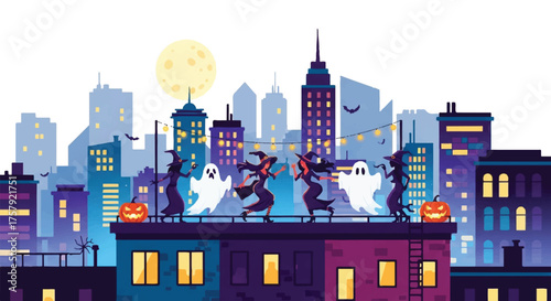 Lively Halloween rooftop party illustration with costumed dancers celebrating under a full moon, set against a vibrant city skyline, a perfect spooky urban festival