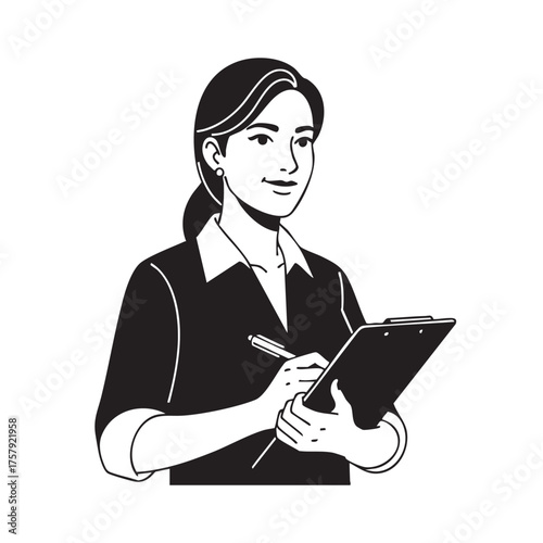 An efficient and attentive young woman, dressed in professional attire, is thoughtfully jotting down important information on a clipboard.